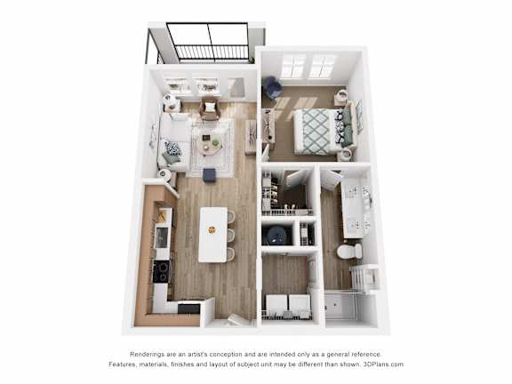 A 3D floor plan of a house with a kitchen, living room, and two bedrooms.