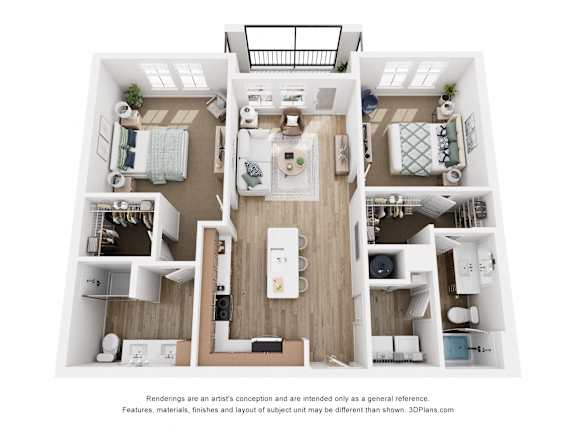A 3D floor plan of a house with a kitchen, living room, and bathrooms.