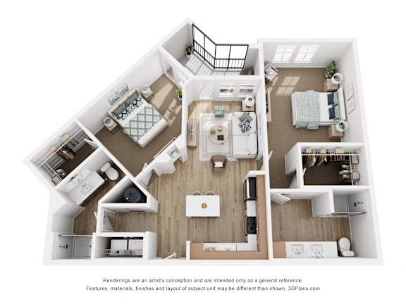 A 3D floor plan of a house with a kitchen, living room, and two bedrooms.