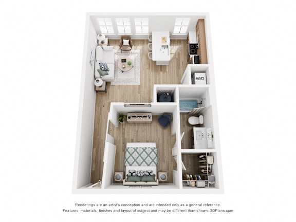 A 3D floor plan of a small apartment with a kitchen, living room, and bathroom.