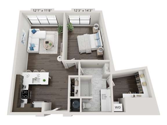 Thayer one-bedroom, one-bathroom floor plan at 2020 Providence in Huntsville, AL