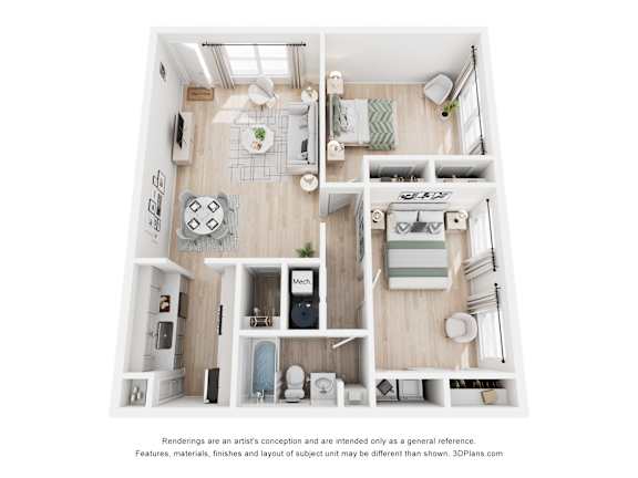 A 3D floor plan of a small apartment with a kitchen, living room, and bathroom.