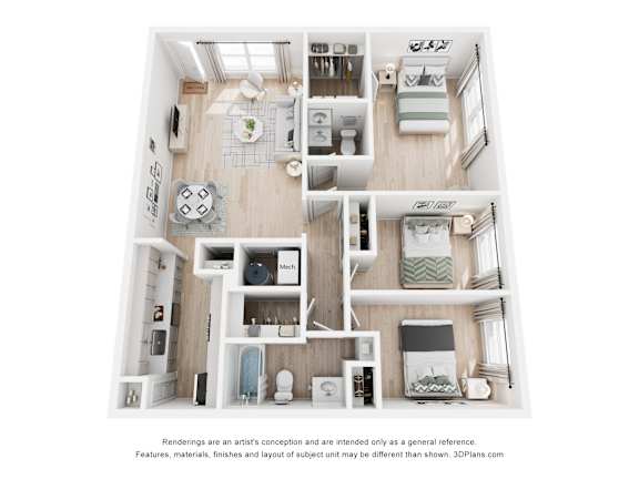 A 3D floor plan of a small apartment with a kitchen, living room, and bathroom.