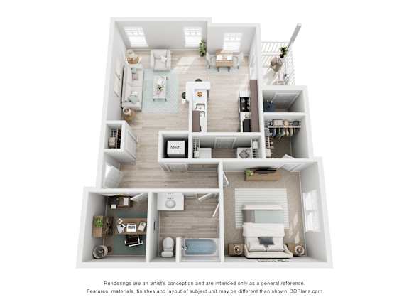 a rendering of a one bedroom, one bathroom apartment at Colonnade at Eastern Shore Apartments in Daphne, AL