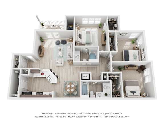 a rendering of a three bedroom, two bathroom apartment at Colonnade at Eastern Shore Apartments in Daphne, AL
