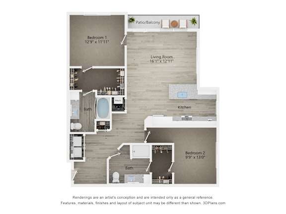 2-D floor plan at The Fitzroy Apartments Homes in Birmingham Alabamaom, kitchen and bathrooms.