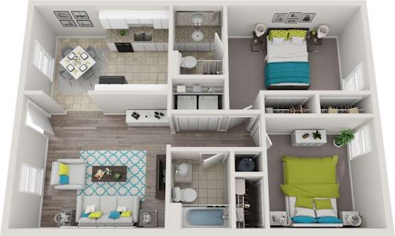 A top-down view of a small, neatly organized apartment with a kitchen, living room, and bedroom.