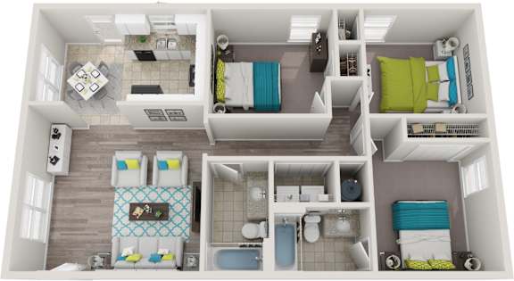 A top-down view of a small apartment with a kitchen, living room, and bathroom.