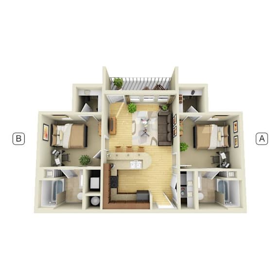 A 3D floor plan of a house with labeled sections A and B.