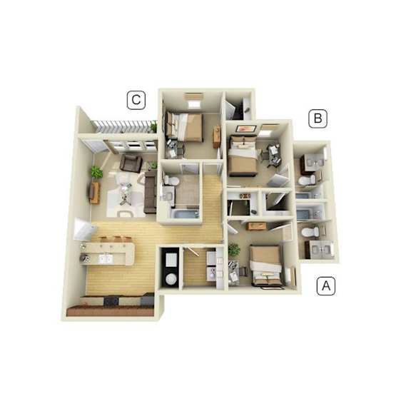 A 3D floor plan of a small apartment with three bedrooms and a living room.