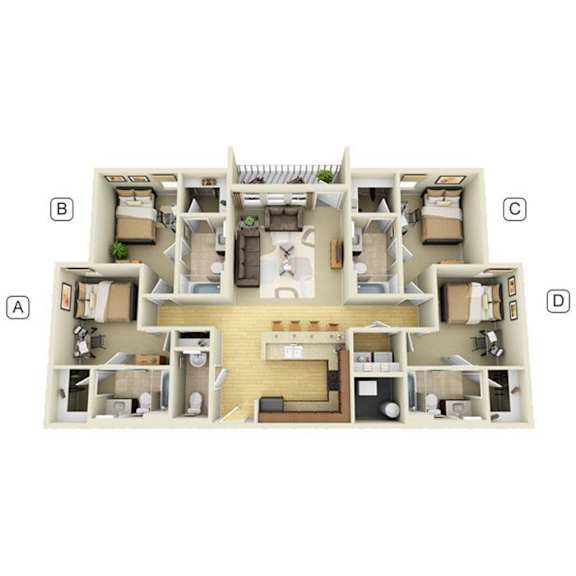 A floor plan of a four bedroom apartment.