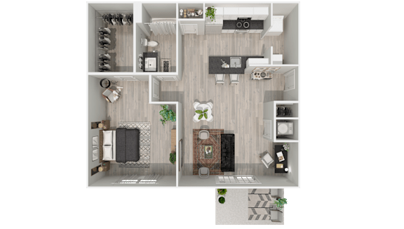 A top-down view of a small apartment with a kitchen, living room, and bathroom.