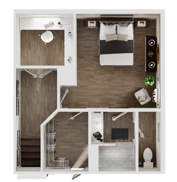 3-D rendering of the upper level of a 2-bedroom, 2.5-bathroom townhouse at Turnberry Park Luxury Rental Homes in Gardendale, AL