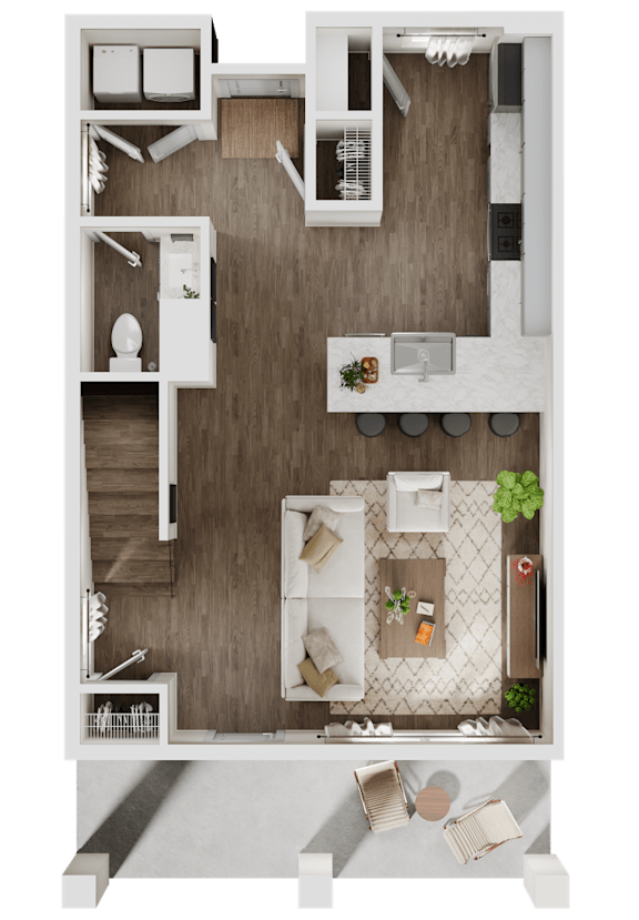 Floor Plan  3-D rendering of upper level of a 2-bedroom, 2.5-bathroom townhouse at Turnberry Park Luxury Rental Homes in Gardendale, AL