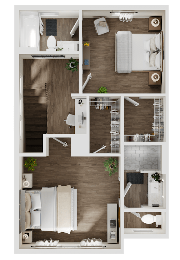 3-D rendering of the upper level of a 2-bedroom, 2.5-bathroom townhouse at Turnberry Park Luxury Rental Homes in Gardendale, AL