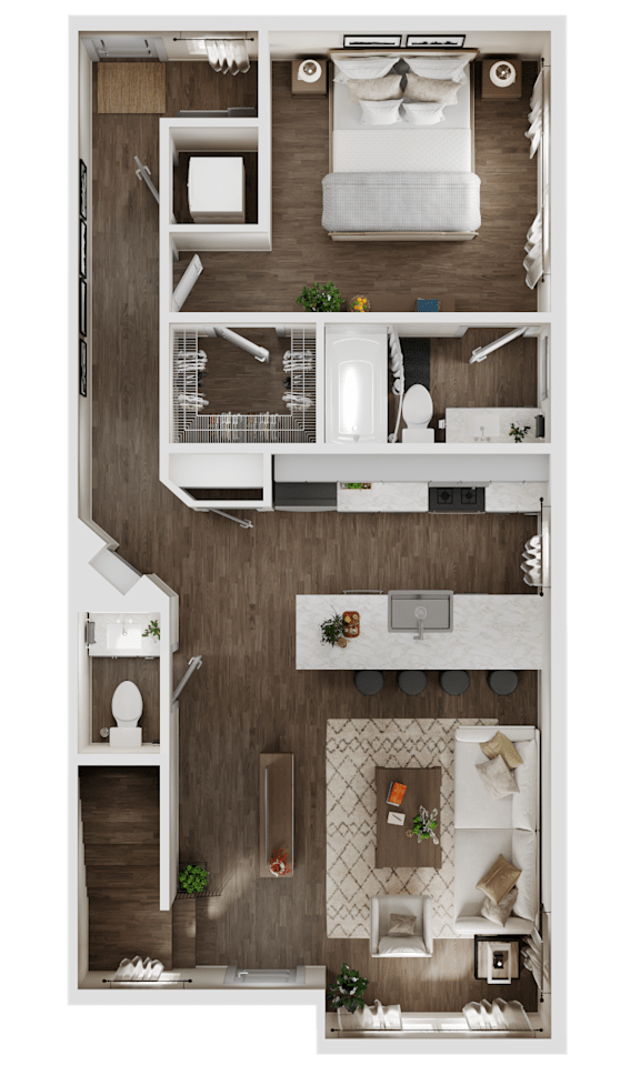 Floor Plan  3-D rendering of a 2-bedroom, 2.5-bathroom townhouse at Turnberry Park Luxury Rental Homes in Gardendale, AL