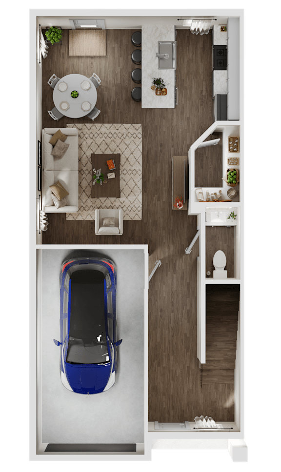 3-D rendering of the lower level of a 2-bedroom, 2.5-bathroom townhouse with garage at Turnberry Park Luxury Rental Homes in Gardendale, AL