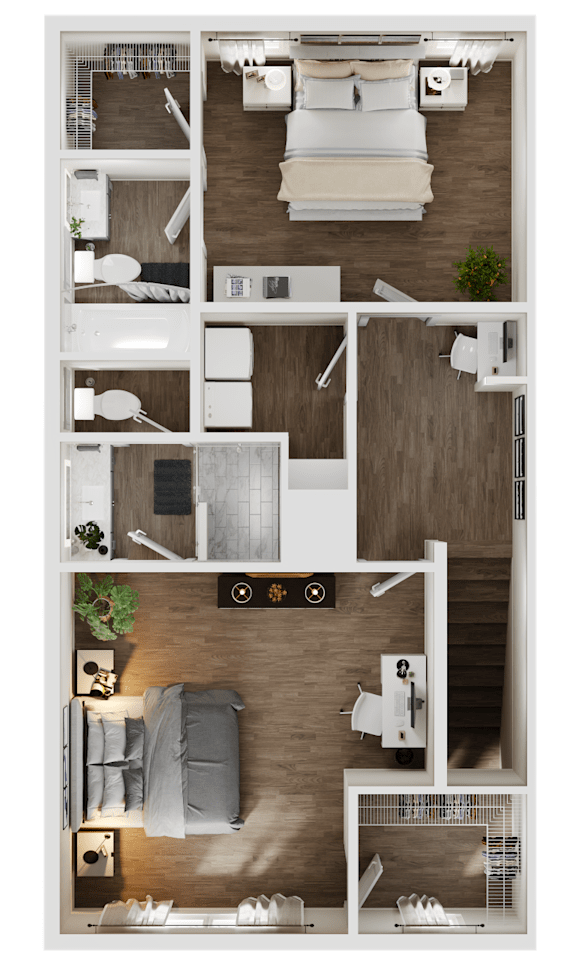 Floor Plan  3-D rendering of the upper level of a 2-bedroom, 2.5-bathroom townhouse with garage at Turnberry Park Luxury Rental Homes in Gardendale, AL