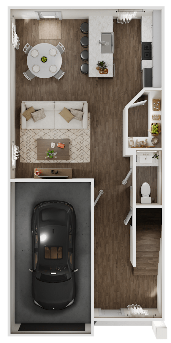 Floor Plan  3-D rendering of the lower level of a 3-bedroom, 2.5-bathroom townhouse with garage at Turnberry Park Luxury Rental Homes in Gardendale, AL