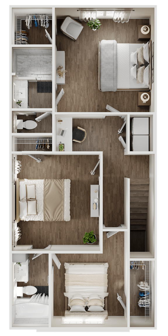 3-D rendering of the upper level of a 3-bedroom, 2.5-bathroom townhouse with garage at Turnberry Park Luxury Rental Homes in Gardendale, AL