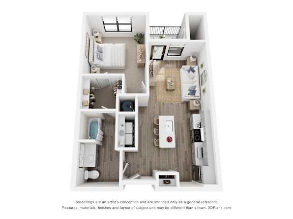 Rendering of the Parkview Peak one-bedroom, one-bathroom apartment at Velo Interlocken in Broomfield, CO
