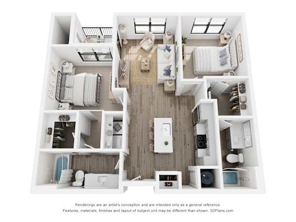 Rendering of the Mt Harvard two-bedroom, two-bathroom apartment at Velo Interlocken in Broomfield, CO