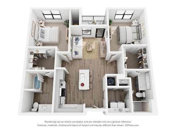 Rendering of the Crestone Peak two-bedroom, two-bathroom apartment at Velo Interlocken in Broomfield, CO