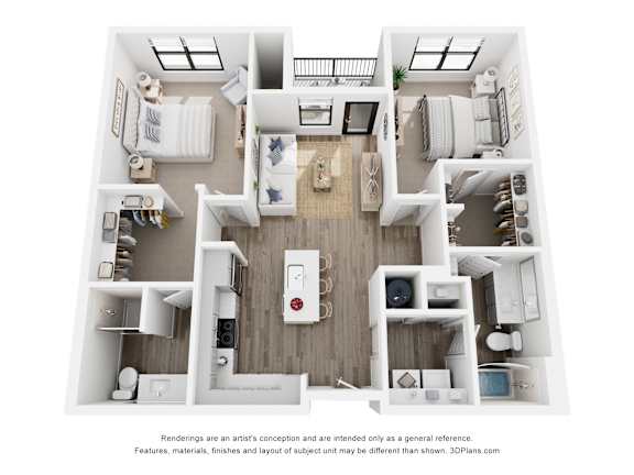 Rendering of the Crestone Peak two-bedroom, two-bathroom apartment at Velo Interlocken in Broomfield, CO