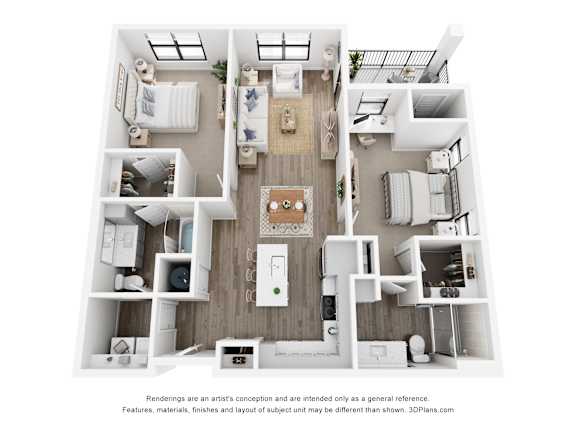 Rendering of the Treasure Mountain two-bedroom, two-bathroom apartment at Velo Interlocken in Broomfield, CO