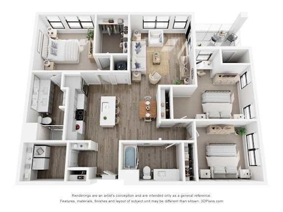 Rendering of the Mt Blue Sky three-bedroom, two-bathroom apartment at Velo Interlocken in Broomfield, CO