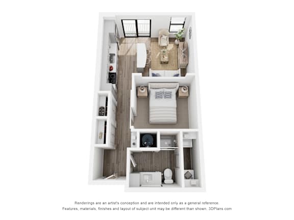 Rendering of the Pike's Peak studio apartment with one bathroom apartment at Velo Interlocken in Broomfield, CO
