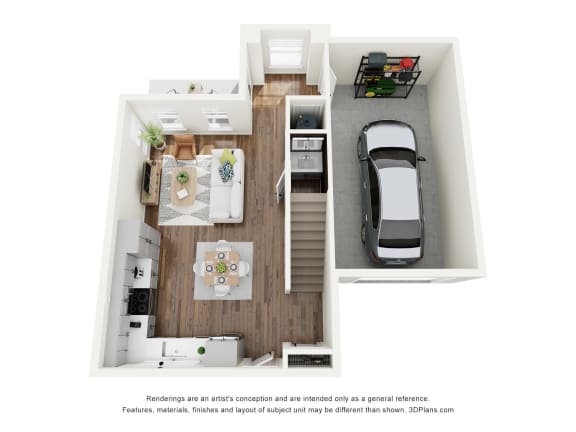 rendering of the first floor of a two-bedroom townhouse at West Row Lofts and Townhomes in Birmingham, AL