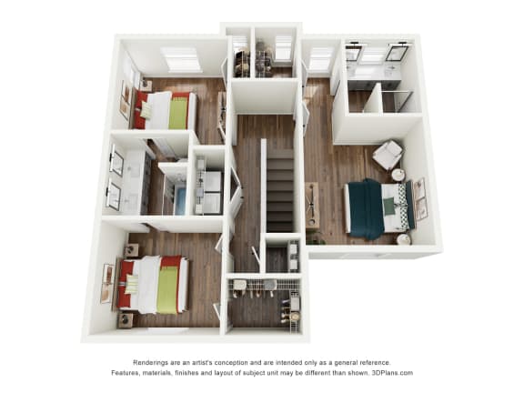 rendering of the second floor of a one-bedroom townhouse at West Row Lofts and Townhomes in Birmingham, AL