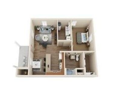 A dollhouse with a grey bear in the middle of the living room.