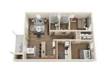 A dollhouse with a bedroom, living room, and kitchen.