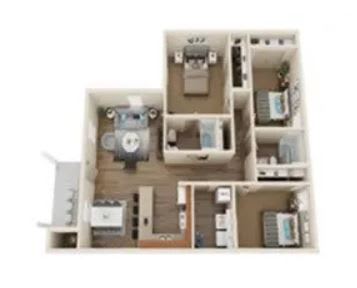 A floor plan of a house with a kitchen, living room, and two bedrooms.