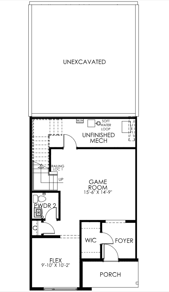 A floor plan of a house with a game room and a porch.