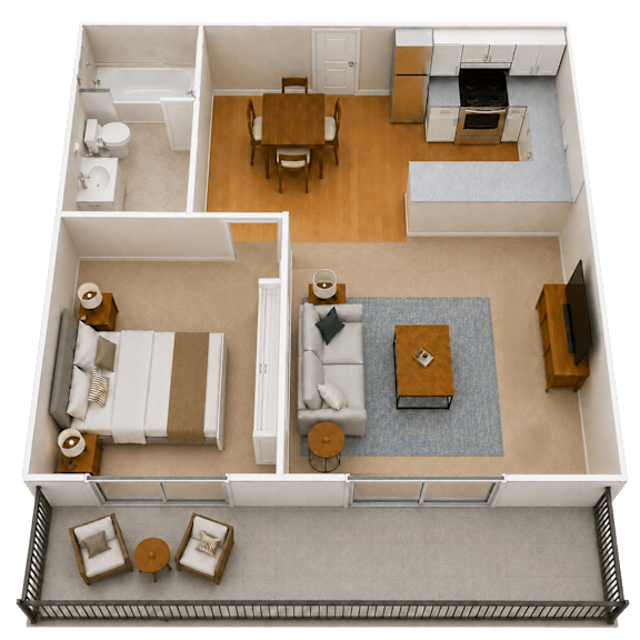 A 3D floor plan of a house showing a living room, kitchen, dining room, and two bedrooms.