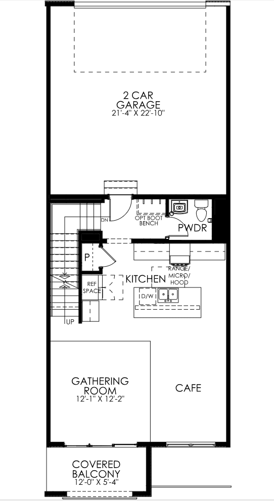 A floor plan of a house with a car garage, kitchen, and gathering room.