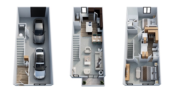 Floor Plan  Three images showing different views of a car in a parking garage.
