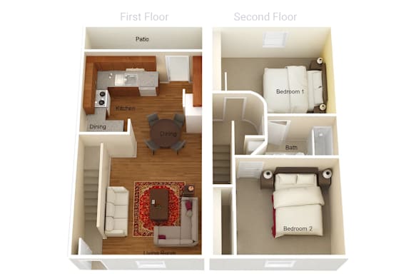 A diagram of a two-story apartment with labeled rooms.