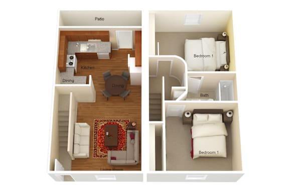 A diagram of a house layout with two bedrooms, a kitchen, dining room, and a living room.