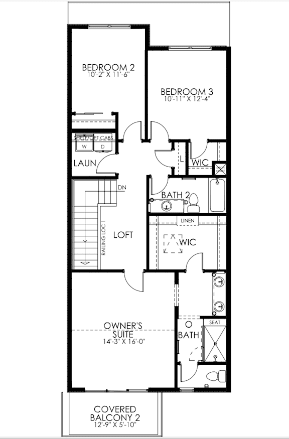 A floor plan of a house with two bedrooms, a laundry room, a bathroom, a loft, and an owner's suite.