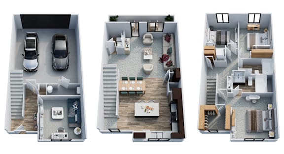 Floor Plan  Three different layouts of a house are shown.