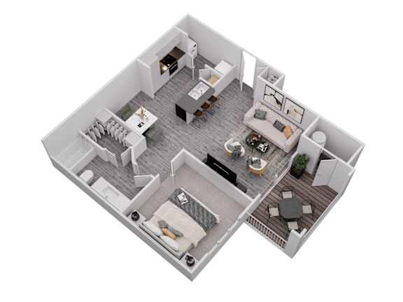 Floor Plan  A top-down view of a modern apartment layout with a kitchen, living room, dining area, and balcony.