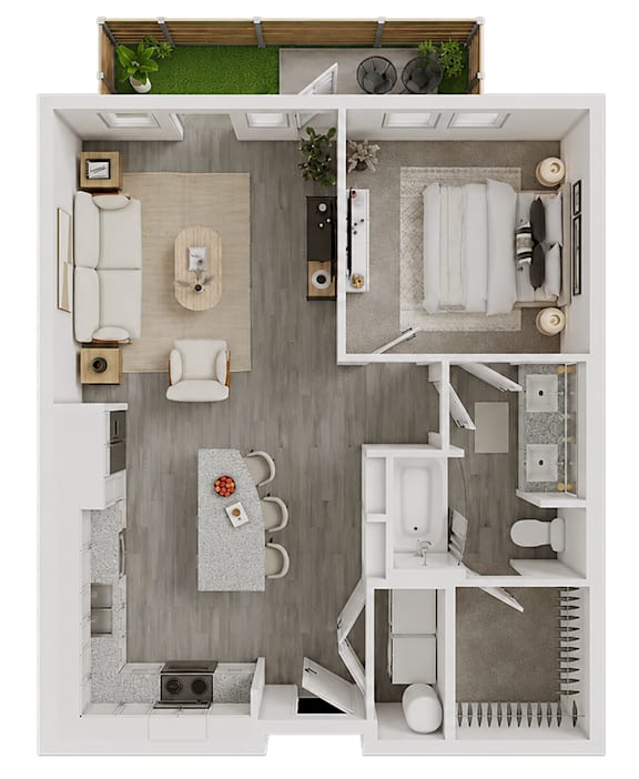 A top-down view of a small apartment with a kitchen, living room, and bathroom.