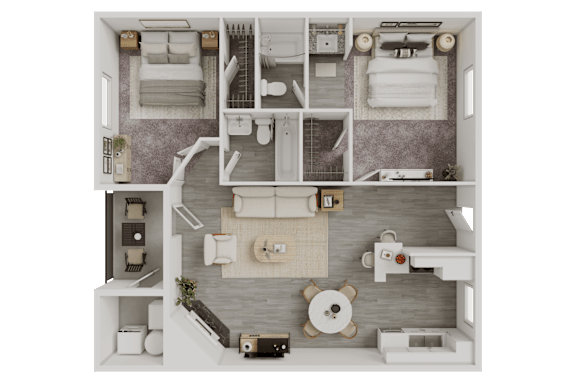 Floor Plan  A top-down view of a small, neatly organized apartment with a kitchen, living room, and bathroom.