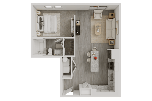3D floor plan with one bedroom layout at Avion at West Lemmon Apartments, Dallas, 75235