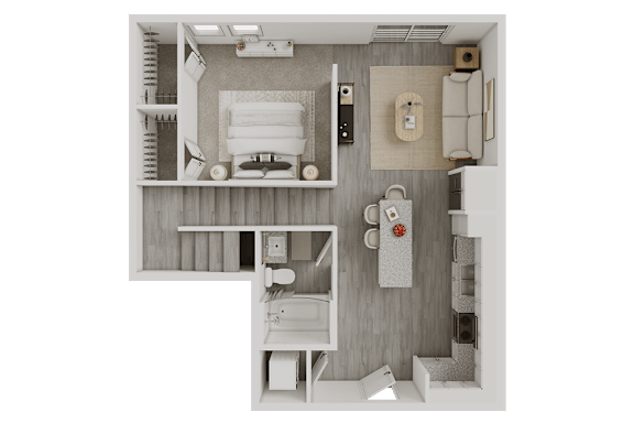 3D furnished floor plan top view at Avion at West Lemmon Apartments, Texas