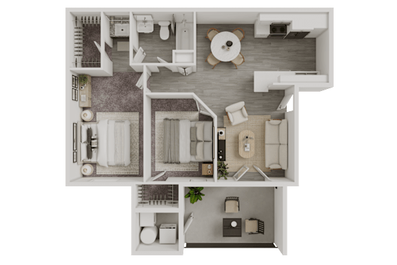 Floor Plan  A top-down view of a house layout with a living room, kitchen, and two bedrooms.